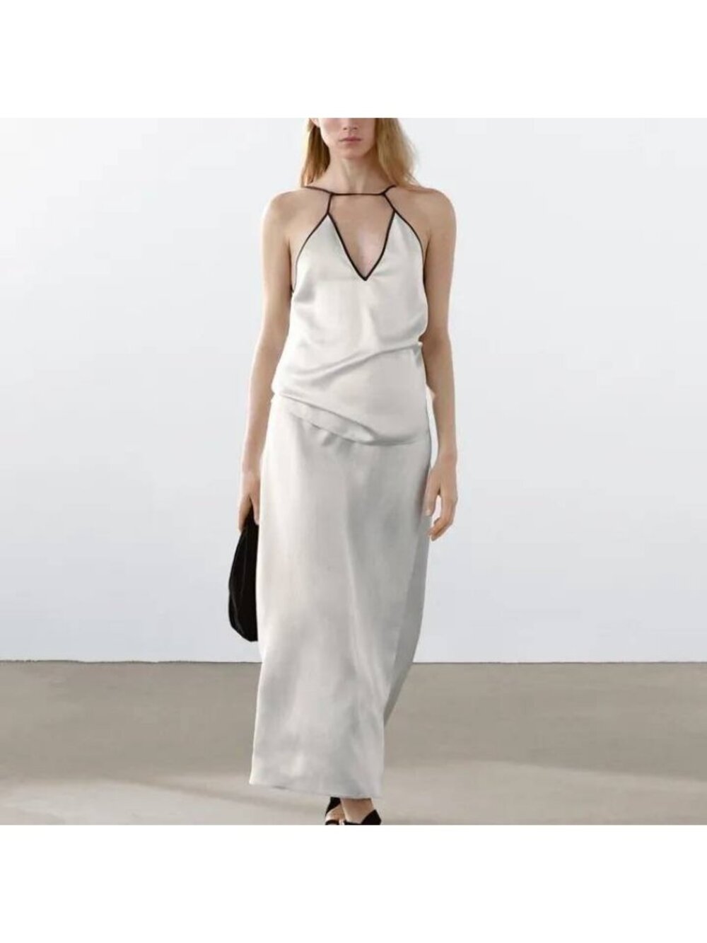 Massimo Dutti Satin Midi Skirt Size 8 US 40 EUR contrast piping 5211/595 NWT
